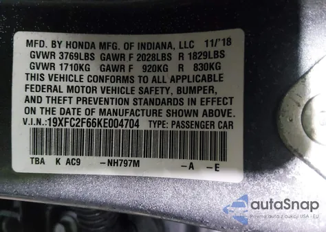 2019 Honda Civic Lx z USA, uszkodzony, nr VIN 19XFC2F66KE004704